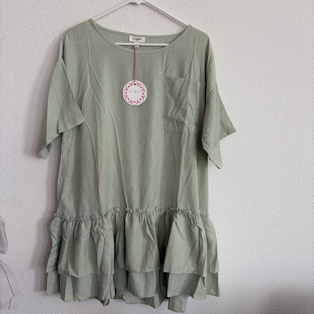 NWT Umgee Women’s Tiered Ruffle Short Sleeve Mini Dress Size Large Sage Green